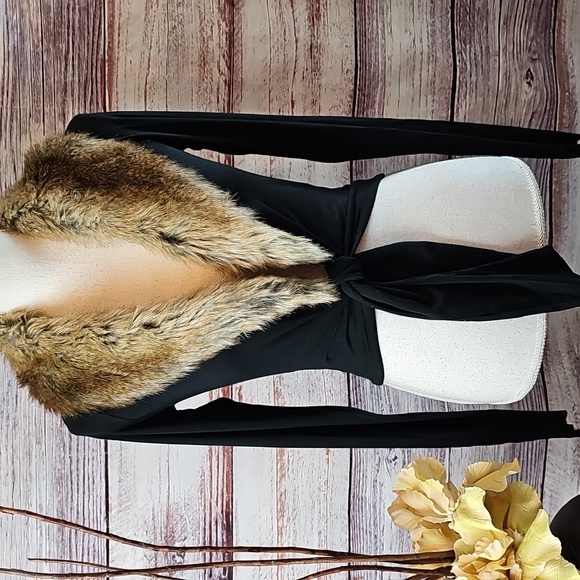 BAILEY 44 BLACK LONG SLEEVE FAUX FUR COLLAR TIE-FRONT CARDIGAN - Picture 2 of 11